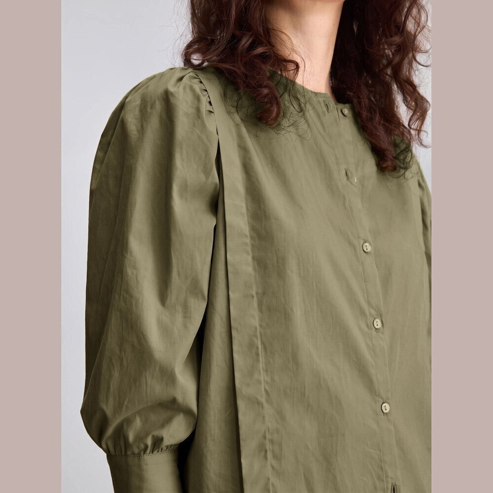 Olive Green Cotton Round Neck Collar Balloon Sleeve Button Front Blouse